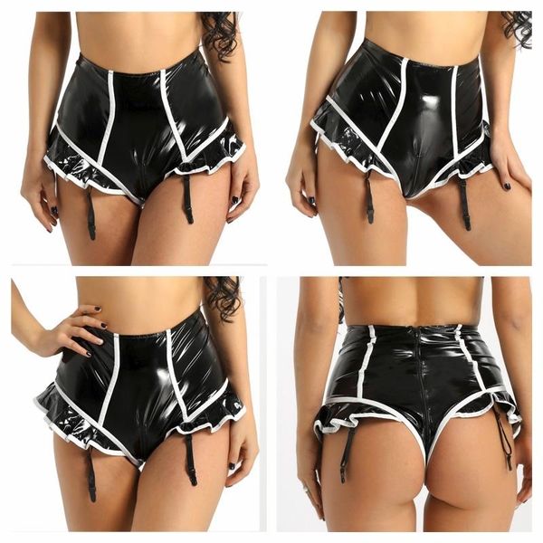 Culotte femme Sissy Short en Latex Clubwear Sexy fermeture éclair entrejambe ouverte Look humide Faux cuir taille haute slips femme