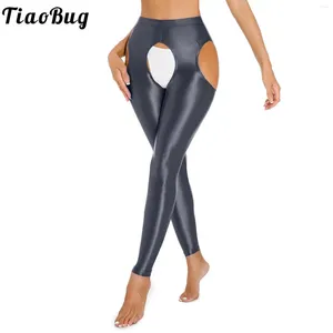 Bragas de mujer Mujeres Spandex Recorte Leggings Pantalones Brillantes Medias de cintura alta Pantalones de compresión Ahueca hacia fuera la entrepierna abierta Ropa interior flaca