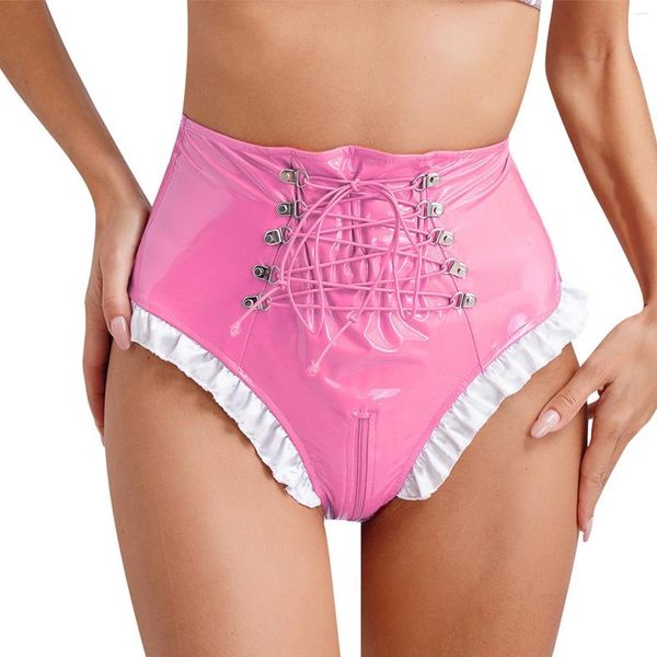 Bragas para mujeres para mujeres brillantes patente de cuero satén con rufa knickers de cintura alta calzada calzada calzado de cañón sexy lencería