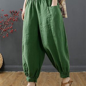 Pantalon femme 100% coton lin lanterne pantalon pour femme été automne rétro décontracté Baggy sarouel doux taille haute vert Bloomers 230510