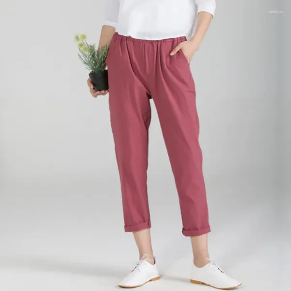 Pantalon femme #1057 rouge printemps femme pantalon Vintage coton lin Harem dames taille moyenne décontractée pantalon ample femmes Planlon