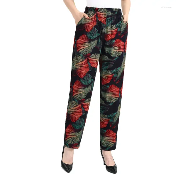 Pantalones para mujer # 1137 verano cintura alta impresión señoras vintage fino estilo chino pantalones de baile mujeres medias negro rojo lápiz dama