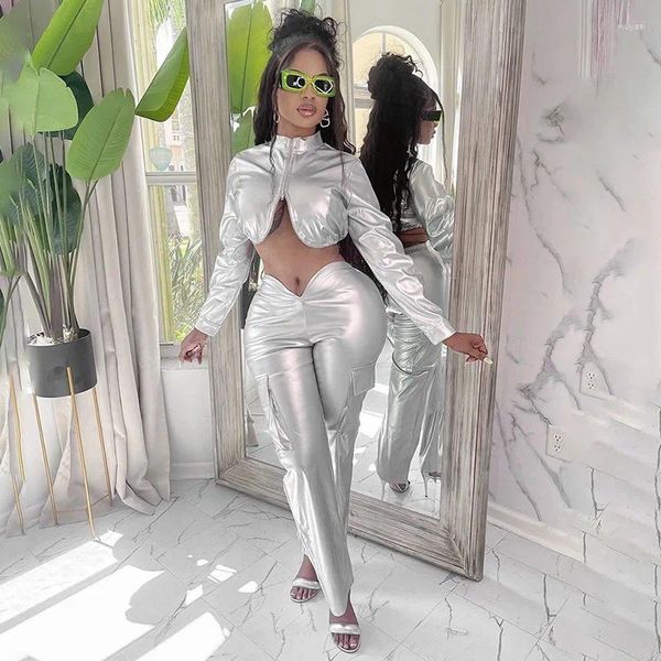 Pantalon Femme 2 pièces Ensemble Argent Cuir Femmes Sexy Manches Longues Zip Crop Tops V-Forme Taille Hanche Costume Club Streetwear