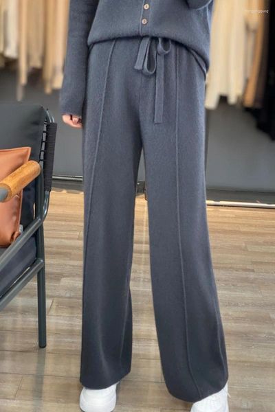 Pantalones de mujer 2023 Otoño e invierno Lana de cintura alta Trapeando Casual Pierna ancha Hang Out Lana de punto