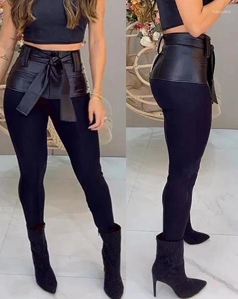 Pantalon femme 2023 noir cuir pu élégant sexy patchwork maigre avec ceinture femme pantalon bas décontracté