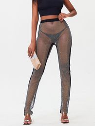 Calças femininas 2024 moda strass bling glitter oco out sexy malha mulheres cintura alta elástica nightclub joggers leggings