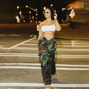 Damesbroek 2023 mode streetwear camouflage print zijkant lading lange vrouwen casual sexy v gesneden lage taille rechte broek broek