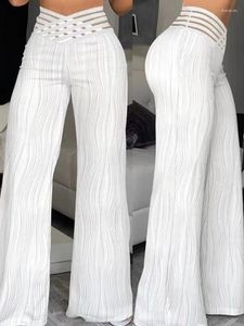 Pantalon Femme 2023 Mode Large Jambe Blanc Pantalon Bureau Élégant Sheer Mesh Patch Pantalon Casual Taille Haute Évasée Noir Femmes Vêtements