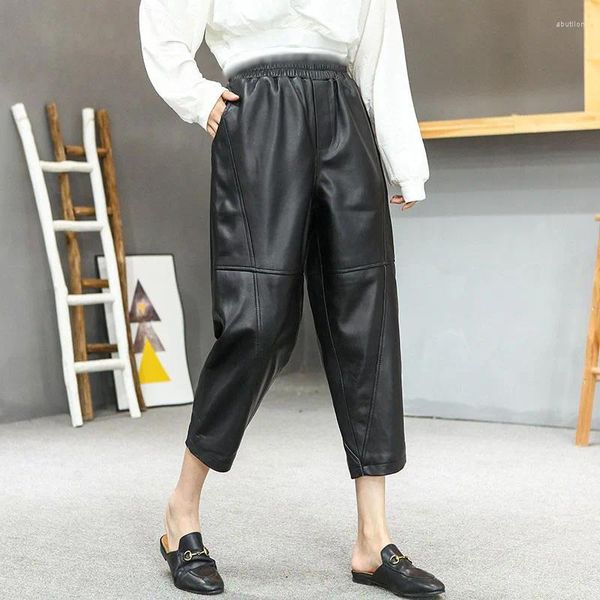 Pantalones de mujer 2023 piel de oveja genuina mujer moda coreana Harem negro cintura elástica pantalones sueltos hasta la pantorrilla