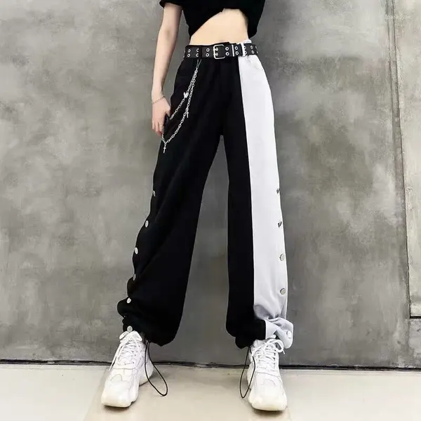 Pantalones para mujer 2023 Harajuku Mujeres Hip Hop High Street Negro Blanco Empalme Flip Botón Sweetpants Jogger Streetwear Pierna ancha