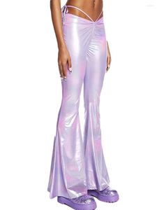 Pantalon femme 2023 Laser violet Sexy taille basse Flare mode décontracté cordon cravate coupe ajustée pantalon long jambe large