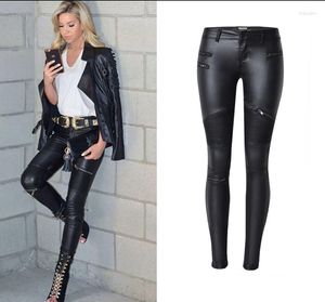 Pantalon femme 2023 PU taille basse élasticité épissé fermeture éclair régulière moto Faux cuir crayon pleine longueur pour femme