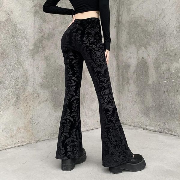 Pantalones de mujer 2023 Retro gótico estampado negro Harajuku cintura alta acampanado estético Punk mujeres pantalones de terciopelo