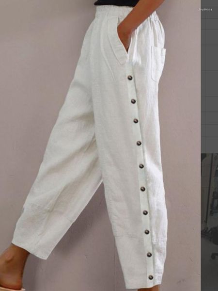 Pantalon femme 2023 rétro été cheville longueur femmes vêtements coton lin pantalon solide décontracté blanc Patchwork boutons taille élastique