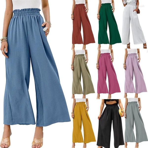 Pantalones de mujer 2023 Primavera Verano moda algodón y lino Color sólido pantalones de cintura alta nueve puntos pierna ancha