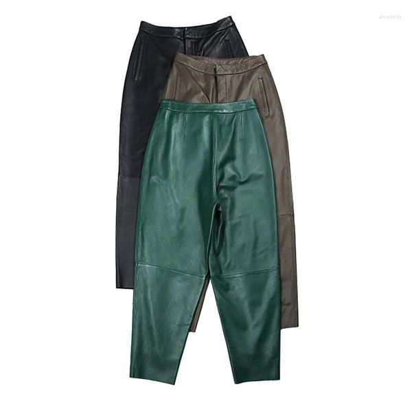 Pantalon femme 2023 printemps femmes en cuir véritable radis Harem femme véritable peau de mouton vert/gris pantalon à neuf points Ropa Muje