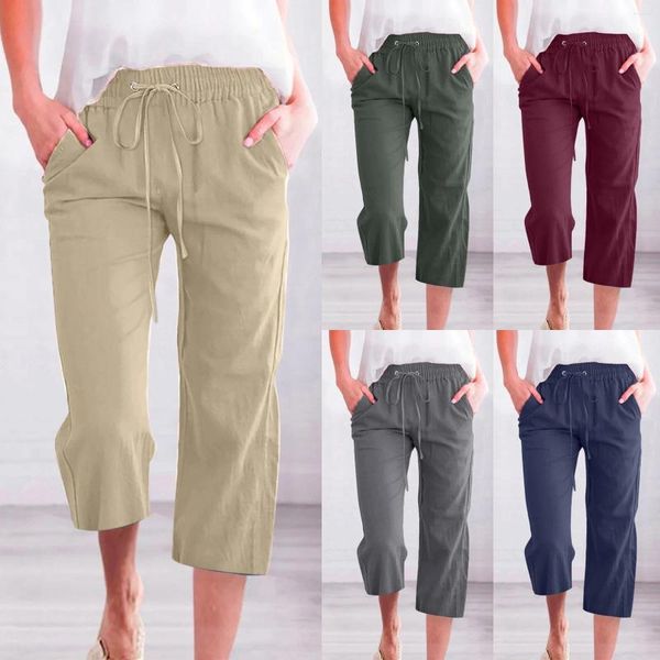 Pantalones de mujer 2023 de algodón de Color sólido de verano para mujer, pantalones cortos sueltos con cintura elástica, pantalones informales con cordón de bolsillo para mujer