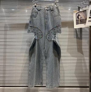 Pantalons pour femmes 2023 Summer Street Strass colorés Perlés Design creux Jeans en vrac lavés pour femmes Mode Denim Y567