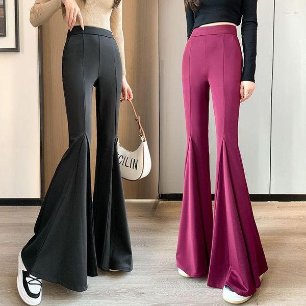 Pantalons pour femmes 2023 Design supérieur Koren Mode Dames Ruffle Edge Bell-bas Femmes Chic Taille Haute Solide Couleur Long Pantalon A76
