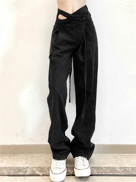 Pantalones para mujer 2023 Vintage minimalista negro recortado Denim Y2K pantalón de cintura alta de longitud completa Patchwork suelto holgado Jean femenino otoño