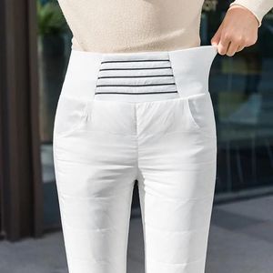 Pantalones para mujer 2023 invierno cálido pato abajo moda coreana rayado blanco espesar pantalones mujeres delgado cintura alta algodón estiramiento lápiz