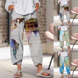 Frauenhosen 2023 Frauen beiläufige lose Karte gedruckt elastische Taille Baumwolle Leinen Vintage Harem Sommer unregelmäßige Pantalon abgeschnitten