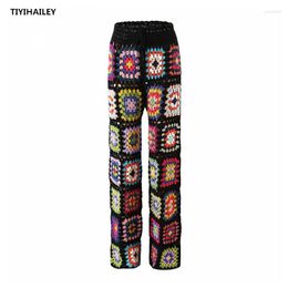 Pantalons pour femmes 2023 Femmes Tricot Stretch Pantalon au crochet Taille élastique Noir Droite Fabriqué à la main de haute qualité