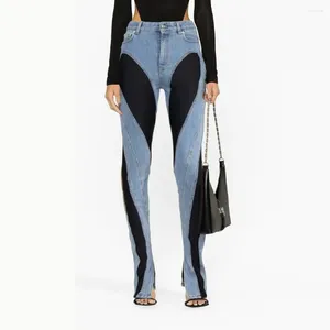 Pantalon femme 2023 Y2k Niche Design Rétro Collision Couleur Épissage Jambe Lavée Fente Taille Haute Décontractée Polyvalent Jeans En Coton