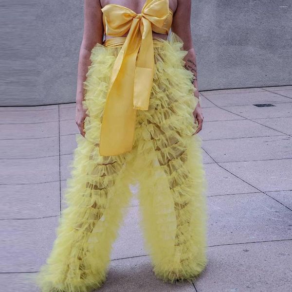 Pantalones para mujer 2023 volantes amarillos tul escalonado mujeres cintura elástica moda pantalón hinchado hecho a medida más tamaño