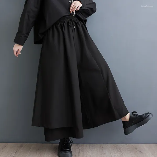 Pantalones para mujer 2024 Llegada Estilo japonés Patchwork Ruffle Primavera Pierna ancha Culotte Moda Mujer Otoño Casual Negro