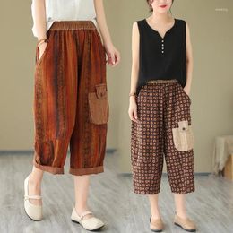 Pantalon féminin 2024 Arrivée Summer Femme Poste Patchwork Pockets Coton Linn Calf-Lengment Casual Loose Elastic Raise Harem S176
