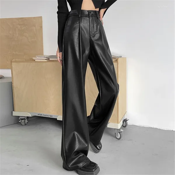 Pantalones de mujer 2024 Otoño Invierno botón cuero PU cintura alta pierna ancha longitud completa sueltos femeninos pantalones clásicos negros