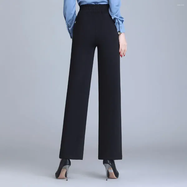 Pantalon droit pour femmes, couleur unie, taille haute, vêtements à la mode, poches, jambes larges, pour le bureau, 2024