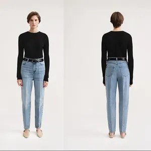 Damesbroek 2024 Early Spring White drukte geplooide mid -taille taps toelopende jeans voor vrouwen