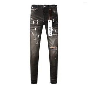 Damesbroek 2024 mode van hoge kwaliteit paarse merk jeans met straat noodlijdende zwarte reparatie lage stijging mager denim