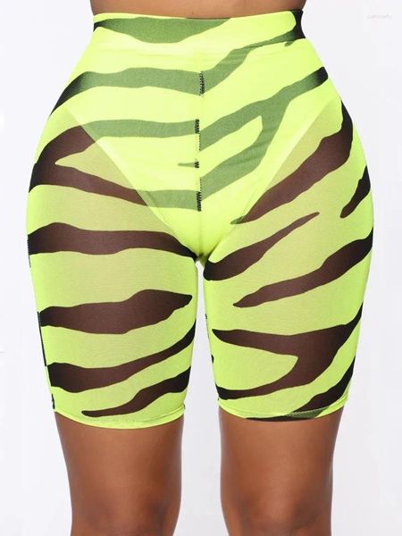 Pantalon femme 2024 mode couleur néon maille imprimé zèbre short dames Sexy Clubwear transparent taille haute MYQH07