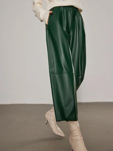 Pantalon féminin 2024 Vérien en cuir de la taille élastique en cuir authentique
