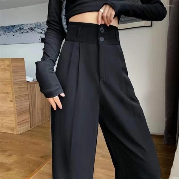 Pantalon Femme 2024 taille haute costume noir pour femmes style coréen double boutons pantalons à jambes larges dames streetwear lâche pantalon décontracté