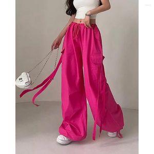 Damesbroeken 2024 Koreaanse stijl Dames Zak met trekkoord Ontwerp Cargo Vrouwelijk Lint Decor Gesp Geboeid Zwart Mode Streetwear