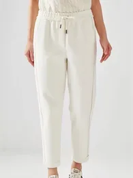 Pantalon femme 2024 côté perlé taille élastique cordon couleur unie décontracté ample polyvalent longueur cheville pantalon