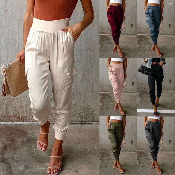 Pantalon femme 2024 couleur unie Satin pantalon décontracté taille élastique poches longue printemps et été neuf minutes