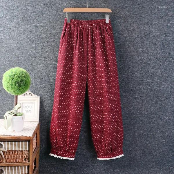 Pantalones de mujer 2024 primavera estilo japonés Mori Girl algodón lino cintura elástica dibujo de lunares Harem pantalón mujer