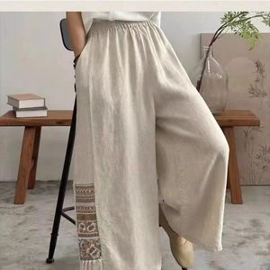 Pantalon femme 2024 printemps couleur unie rétro taille haute mode décontracté coupe ajustée coton ample et court jambe large