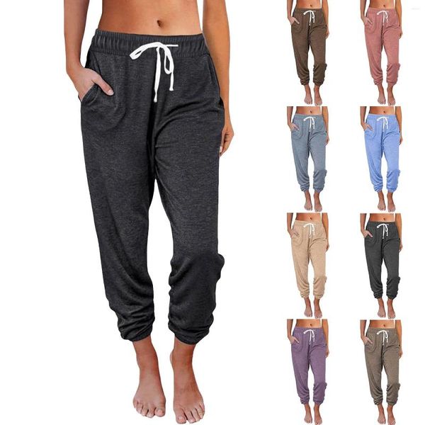 Pantalones de mujer 2024 primavera verano casual suelto de la cintura alta corta cortada de bolsillo de bolsillo de bolsillo sólido con cordón para mujeres