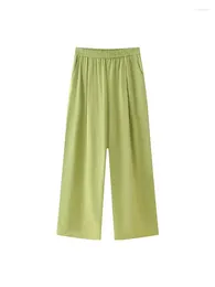 Pantalon féminin 2024 Style décontracté High Wits Elastic Apple Green Long Summer Linen Mélanges Loosers Straight Loose
