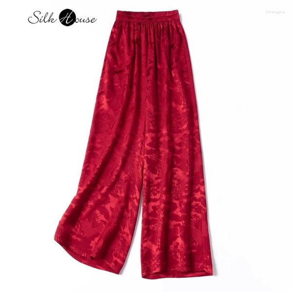 Pantalon féminin 2024 Été 30 mm 50% Natural Mulberry Silk Guanle Satin Relief Pocket Design Red Fashion Ligne large jambe