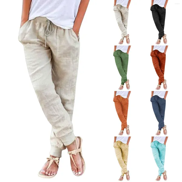 Pantalones de mujer 2024 verano algodón Lino bolsillos suelto holgado pantalones mujer primavera Casual moda Oficina parte de abajo de mujer