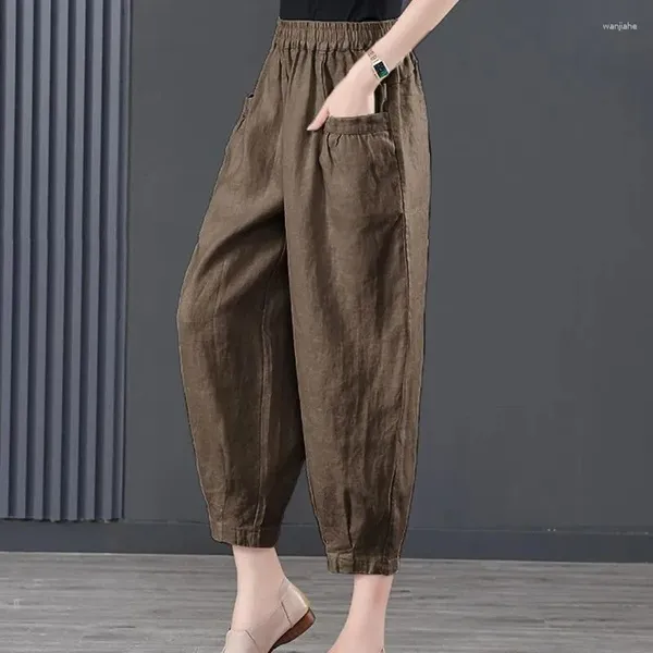 Pantalon femme 2024 été mode couleur unie élastique taille haute lanterne poche bande ample bouche glace soie coton lin Harlan