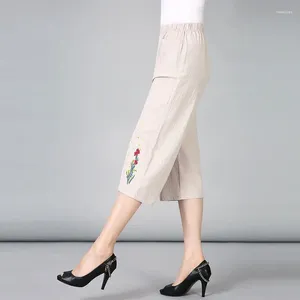 Pantalones de mujeres 2024 Summer Minimalista Casual suelto de gran tamaño Algodón recto con cintura bordada y lino recortado para mujeres