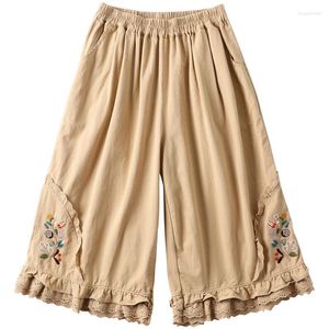Pantalon féminin 2024 Été Mori Girl Coton Wide-leg Broidered Lace Capri Retro Sweet Age-Reducting Elastic Asse Casual